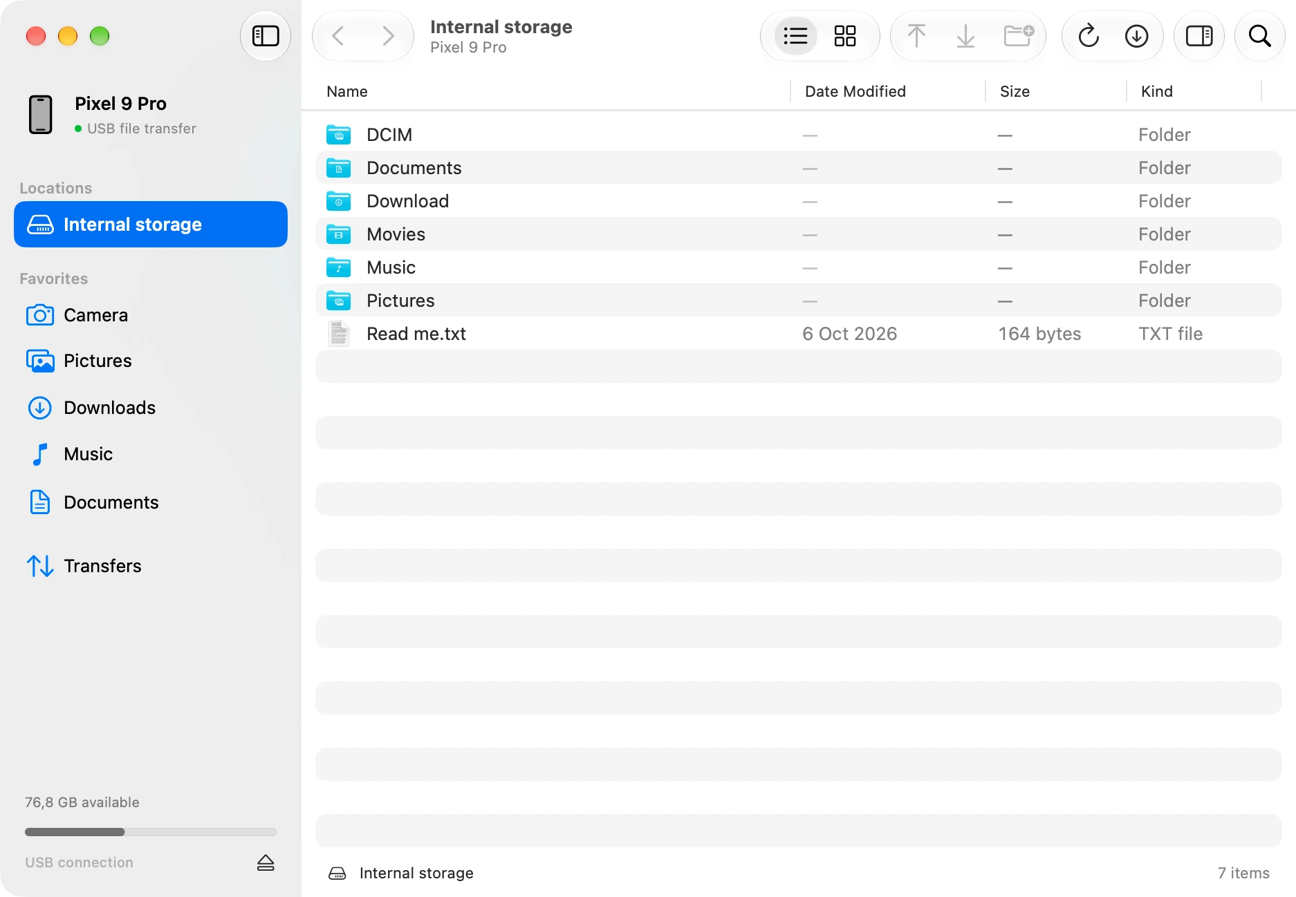 Metope’s native Mac file browser with Android folders, sidebar favorites, and transfer controls.